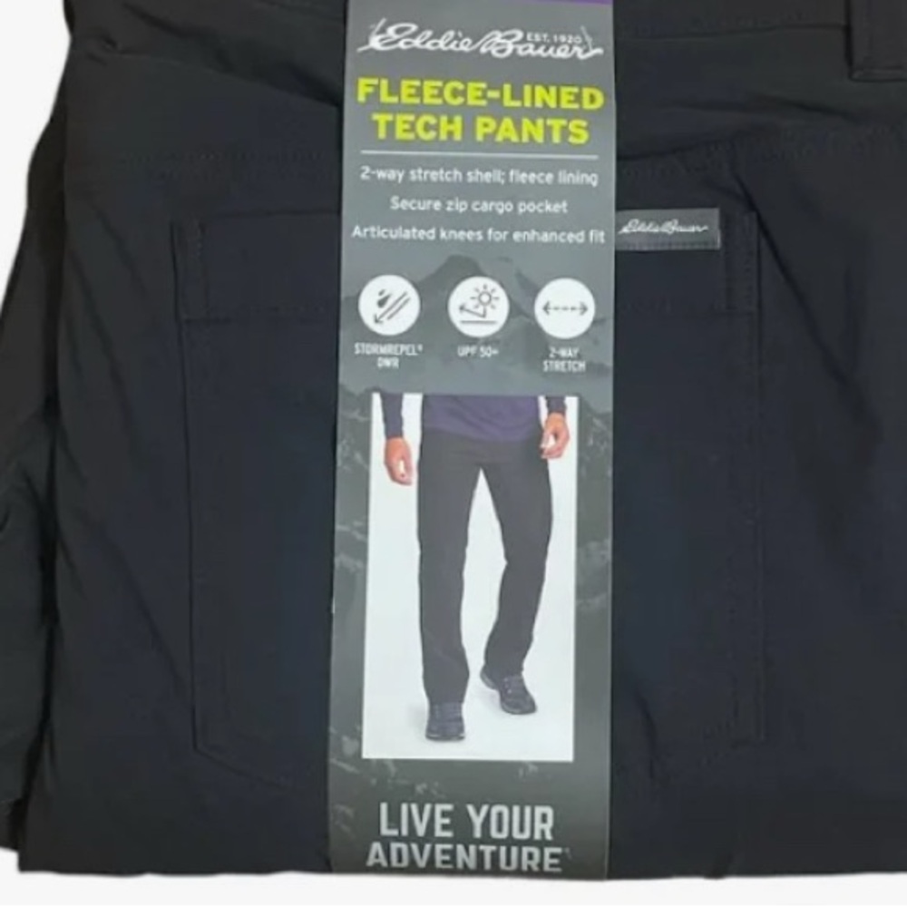 Eddie Bauer Men’s TALL-Black Fleece-Lined Tech Pant,40 Waist X 34 Length {NWT}